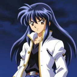 anime boy with eccentric clothes, long spiky hair, cel - shading, 2 0 0 1 anime, flcl, jet set radio future, night, night time, entertainment district, japanese city at night, lines of lights, christmas lights, rollerskaters, cel - shaded, jsrf, strong shadows, vivid hues, y 2 k aesthetic