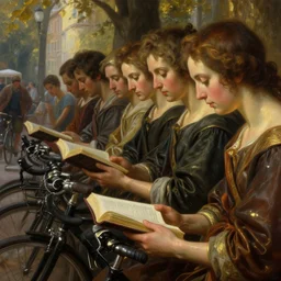 beautiful oil matte painting, a group of cyclist reading the bible in the city park, detailed faces, wonderful masterpiece, highly detailed, beautiful cinematic light, deep focus, elegant, smooth, sharp focus, golden ratio, dramatic illumination, ultra realistic, 8 k, art by greg rutkowski, gaston bussiere and caravaggio