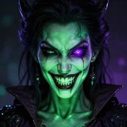 a portrait photo of a poison themed female villain, glowing green, poison dripping, poison teeth, detailed character design, symmetrical face, purple highlights, one purple eye, photorealism eyes
