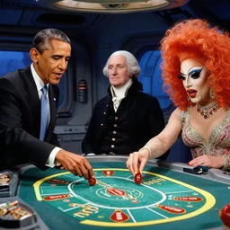 barack obama and george washington and a drag queen playing hot sauce poker on a spaceship
