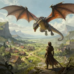 looking up at a dnd wyvern attacking a small village, fantasy art, concept art, epic
