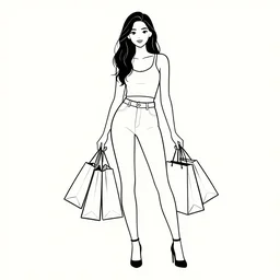 illustration vector fine line art of a full shot sexy shopping girl with shopping bags,smiling,long hair,beautiful face,high heel,detailed,trending on shutterstock