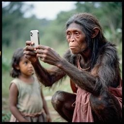 “ a primitive pre-human woman Neanderthal shooting a photo with an iPhone to her daughter , anthropology photography, color kodakcrhome 64,National Geographic ”
