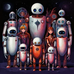 Masterpiece! Detailed image of a creepy family bots in the deep space, by Ernest Renard and Skottie Jeune, by Casey Weldon, rich deep colors.  intricate artwork, very coherent symmetrical artwork, cinematic, hyper realism, high detail,  unreal engine, 8k, Vibrant colors, Smooth gradients, High contrast, depth of field. by Katsuhiro Otomo, full body character drawing, clean ink detailed line drawing, intricate detail.