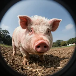 fat hairy pigman crawling on all fours, sniffing the camera, fisheye lens!, professional photograph, high quality, 4 k