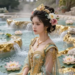 Kodak Portra 400, 8K, soft light, volumetric lighting, highly detailed, KPOP style 3/4 ,portrait photo of LalisaManobal princess, the face emerges from a thermal water flowing down gold travertine terraces, with lotus flowers, inspired by Ophelia paint , a beautiful luxurious royal suit, intricate hair with highly detailed realistic beautiful flowers , Realistic, Refined, Highly Detailed, ethereal lighting colors scheme, outdoor fine art photography, Hyper realistic, photo realistic