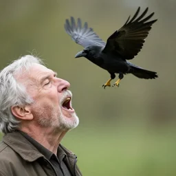 crow flying out of old man's mouth