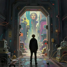 a person standing in front of a portal, cyberpunk, epic surrealism, detailed digital matte painting in the style of simon stalenhag and bev dolittle zdzisław beksinski, greg hildebrandt artstation, psychedelic