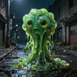 the blob, a being of green ghostly ooze making its way through abandoned midnight streets, ray swanland, rhads,