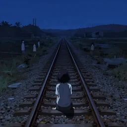 anime girl with short black hair, sits on an abandoned railway track leading to the end of the world, at midnight, clear sky, view from above, digital concept art illustration by akihiko yoshida and jean baptiste monge and makoto shinkai and wlop and and tsutomu nihei, 4 k artstation