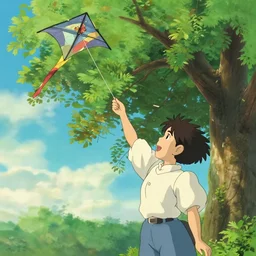 a wholesome key shot of a girl reaching to get his kite that is stucked up in a tree, point of view is the kite that is above the tree, studio ghibli, pixar and disney animation, sharp, rendered in unreal engine 5, anime key art by greg rutkowski, full bloom, vibrant lighting
