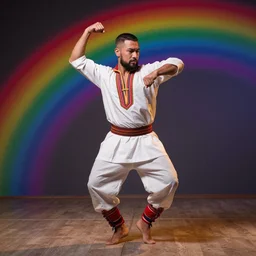japanese man with short hair and a beard wearing a native indian outfit, dancing next to a rainbow, full body portrait, dynamic lighting