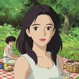 portrait of a woman having a picnic in a lush park, sharply defined face, highly detailed, cel shading, digital painting, anime key visual, artwork by ilya kuvshinov and hayao miyazaki and alphonse mucha