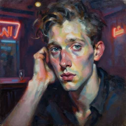 highly detailed expressionist oil painting of dark retro bar, neon, expressive, impasto, pastel shades, rough canvas textured, dynamic pose, top lighting, fine brush strokes, perfect face, hyper detailed face, digital painting, artstation, concept art, hyper detailed eyes, art by sam spratt and peter mohrbacher and james jean