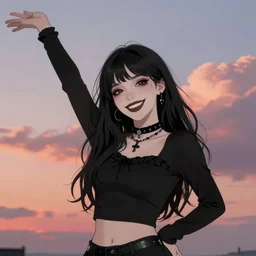death of sandman by neil gaiman, cute gothette, black crop top, smiling, happy, photorealistic, sunset clouds, glamour pose, detailed illustration, digital art, trending on artstation, soft ambient lighting, volumetric lighting, rim lighting, yoshitaka amano, alphonse mucha, arney freytag, maxfield parrish, new art nouveau