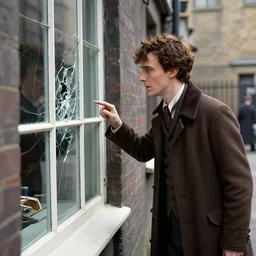 Emma Watson dressed as Sherlock Holmes inspecting a broken window in an alley