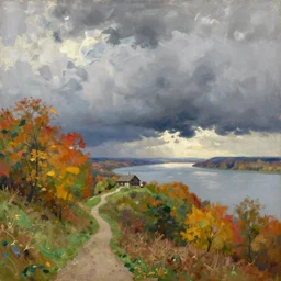 painting by sargent and leyendecker and greg hildebrandt savrasov levitan autumn epic sky overcast, low thunder clouds foothpath at indian summer, wide river and lake, horizon tiny old house on top of hill view from above