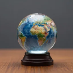 studio photo of a miniature planet inside a crystal ball, on a table, studio lighting, photorealistic, 8 k