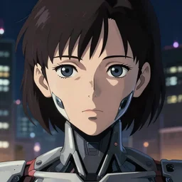 symmetrical a anime portrait of a cyborg woman, finely detailed features, closeup at the face, sharp focus, aesthetically pleasing art, night time city background, cinematic lighting, highly detailed, intricate, smooth, anime!! artstation, trending on pixiv fanbox, painted by greg rutkowski and studio ghibli and yoji shinkawa and hayao miyazaki,
