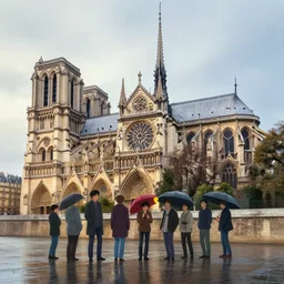paris notre dame cathedral in the rain. by cory loftis & akihiko yoshida & james gilleard & atey ghailan & makoto shinkai & goro fujita & studio ghibli, rim light, exquisite lighting, clear focus, very coherent, plain background, soft painting, photorealistic, unreal engine 5, 8 k