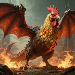 a wide - shot photorealistic photograph of a chicken dragon from hell. elden rings boss. professional capture, well lit shot. fire and flames. trending on artstation, featured on behance, well - rendered, extra crisp, features intricate detail, epic composition and the style of unreal engine.