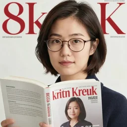 kristin kreuk half korean actress wearing glasses holding a book on the cover of writers magazine, short hair, round face, photograph 8 k, magazine cover, depth of field