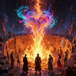 the kiln of the first flame from dark souls 3, infinite fractal tesseract, quantum waves, synthwave, bright neon colors, highly detailed, cinematic, eyvind earle, tim white, philippe druillet, roger dean, ernst haeckel, lisa frank, aubrey beardsley, kubrick