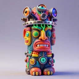 an opalescent claymodel of a multicolored steampunk tiki with three faces, wearing a steampunk helmet with multicolored irisdiscent tubes and shiny metallic devices, glowing green wires out of the forehead, 3 d render, crisp, trippy aztec, 8 k, fluorescent colors, insanely integrate