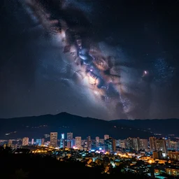 a beautiful double exposure of a deep field astrophotography image by hubble in the sky and a night time landscape with mountains and a cyberpunk cityscape, lpoty, award winning, apod, city lights