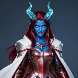 masterful rococo style portrait, female devil warrior of deep blue skin, straight aquamarine translucent crystal horns, shiny dark blood red hair, shifty lime green eyes and a playful smile wearing teal lined crimson plate armor and a white cape with red lining, highly detailed masterpiece, dnd, dungeons and dragons, magic, artstation trending, 8 k