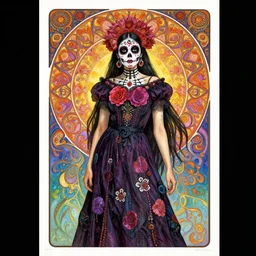 realistic detailed psychedelic poster art of a cute punk goth fractal Día de los Muertos girl posing by Victor Moscoso Rick Griffin Alphonse Mucha Gustav Klimt, masterpiece