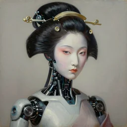 cinematic portrait of geisha robot, head and chest only, robotic enhancements, desaturated, Tim Hildebrandt, Wayne Barlowe, Bruce Pennington, donato giancola, larry elmore, oil on canvas, masterpiece, trending on artstation, featured on pixiv, cinematic composition, dramatic pose, beautiful lighting, sharp, details, hyper-detailed