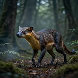 Velocirapter walking in the forest, 8k, professional photography, cinematic shot, dark, smoke