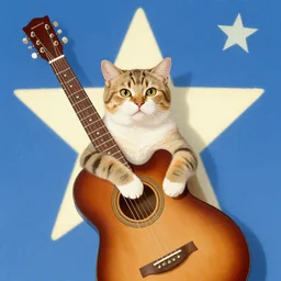 a cat with the body of a guitar, a big star, a blue sky