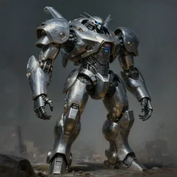 ! dream a full length portrait of a giant autonomous polished steel battle mecha, a moody sci - fi painting art by artgerm and greg rutkowski and alphonse mucha, trending on artstation, smooth arstation, detailed, highly detailed matte painting, cinematic