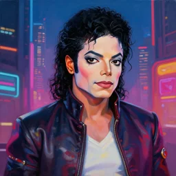 a beautiful portrait painting of a michael jackson with rich colors in cyberpunk city. modern sense. realistic. by beeple. 3 d handpainted cg character concept art. trending on artstation.