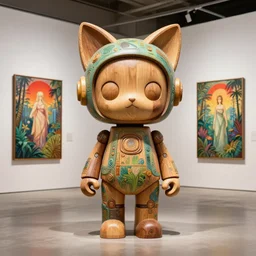 3 d octane render, ultra photorealistic, 8 k hyper detailed, a very very cute wooden statue robot of the anthropology, cat ears, cyberpunk, jungle, red sun cgsociety, in a contemporary art gallery, in neo tokyo, artwork by alphonse mucha