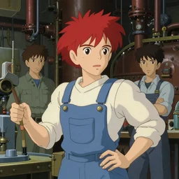 airship engineer working in a boiler room, redhead, tank top, overalls, film still, finely detailed features, oil painting, studio ghibli, tankobon, painted by ilya kuvshinov and krenz cushart and and satoshi kon