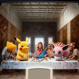 pikachu and jigglypuff recreate da vinci's last supper, photorealistic, detailed image, 4 k