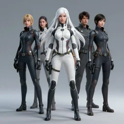perfect family android women dressed with explorer suit, artgem, scifi, futuristic design, bae suzy, long white hair!!!, blue eyes,, full body character design, cinematic lighting, highly detailed, artstation, divine, by huifeng huang, beeple, goro fujita, simon stalenhag, smooth gradient.