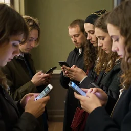 A group of people on their smartphones, clearly-defined smartphone, in the style of Jan van Eyck