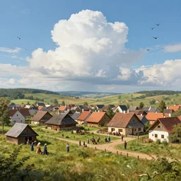 wide shot of a rural czech republic town in the process of being built by amish people, drawn by rembrandt, hyperrealistic, birds flying, volumetric lighting, cinematic, 8 k, trending on artstation, bright blue sky, gigantic cloud, highly detailed, professional digital painting, stunning, gorgeous, epic, cinematic, dayz