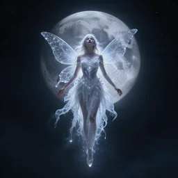 crystal fairy floating in the night sky in white dripped dress in front of the moon, stunning otherworldly goddess of beauty rising from the darkness of the void, dark and mysterious, stopped in time, atmospheric, ominous, eerie, cinematic, Epic, 8k, 4k, ultra detail, ultra realistic, rendered by awesomeness