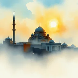 small centered on watercolor paper, paint brush strokes, abstract watercolor painting of foggy dawn, ancient arabian mosque castle, cinematic light, national romanticism by hans dahl, by jesper ejsing, by anders zorn, by greg rutkowski, by greg manchess, by tyler edlin