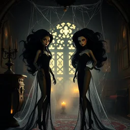 portrait of creepy seductive gothic disney whimsical elvira barbie dolls with black hair standing in a ornate haunted mansion during a seance spider webs, glamour pose, guillermo del toro, hp lovecraft, wes anderson, volumetric lighting, mist, golden hour, ilya kuvshinov, wes craven, greg rutkowski,