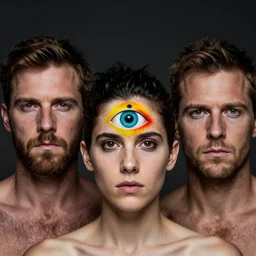 three eyed humans, third eye middle of forehead, wide wide shot, very hairy bodies, vivid colors, forehead eye, beautiful lighting