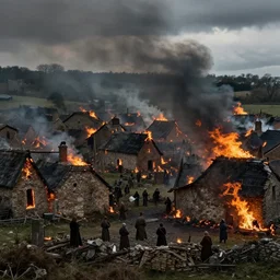 burning village, dark ages, medieval, fantasy, dnd, realistic