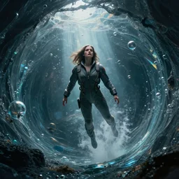 portrait of a woman in flight suit plunging into an abyss, bubbles, currents, dyson sphere, wet reflections, prism, atmospheric, ambient, pj crook, syd mead, livia prima, artgerm, greg rutkowski, nick alm, casey baugh