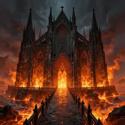 an obsidian gothic cathedral with a bridge leading to the giant obsidian door, in the elemental plane of fire, with rivers of lava surrounding it, Dungeon and Dragon illustration, painted by Greg Rutkowski, 4k, trending on ArtStation