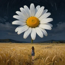 giant daisy as a head, girl walking in wheat field, hills, surreal photography, dark night, star trails, dramatic light, impressionist painting, clouds, digital painting, artstation, simon stalenhag